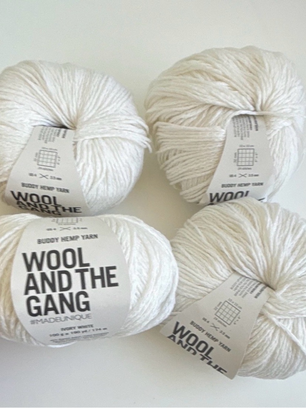 Buddy Hemp Yarn Wool And The Gang Ivory White Lot Of 4 NEW 100G/190yd each italy